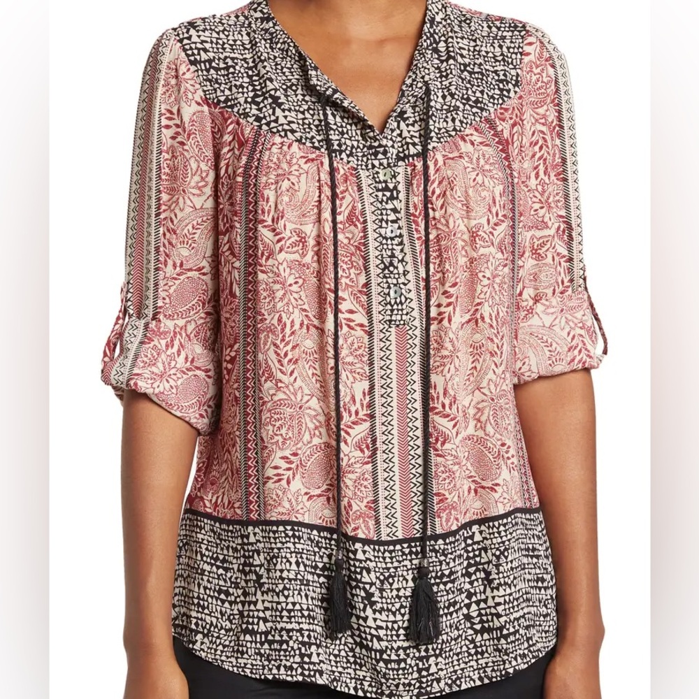 DR2 Peasant Blouse in Pink and Black with Tassels